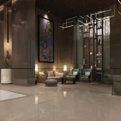 The lobby of One Marina is designed to be a work of art in itself. We used a dark, moody palette, dramatic lighting, and large-scale artwork to create a sophisticated and memorable entrance experience.
