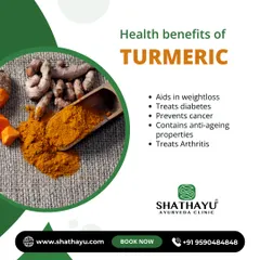 This graphic highlights the many health benefits of Turmeric, a powerful Ayurvedic spice. It aids in weight loss, helps manage diabetes, contains anti-aging properties, and can be used to treat arthritis.