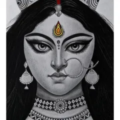 A pencil portrait of Devi Maa, where I aimed to capture the intensity and compassion in her eyes. The drawing is mostly black and white, with detailed line work on her crown and jewelry, but a colored bindi draws focus to her powerful gaze.