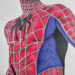 Another detail shot of the Spider-Man drawing, highlighting the chest and the iconic black spider emblem.