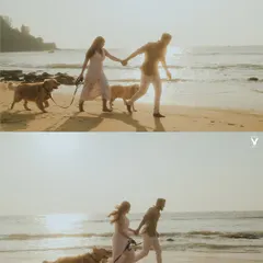 A collage showing a couple walking and running with their two dogs on a Goan beach at sunset. The warm, golden light and happy energy make this a perfect memory from a family and couple photoshoot.