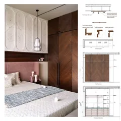 The joinery details for the master bedroom wardrobe, showing the chevron-patterned veneer and the seamless integration of storage, which is key to our minimalist approach.