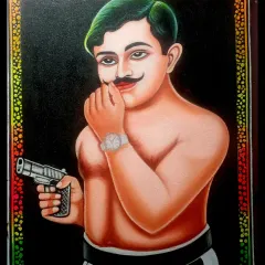 A portrait of the freedom fighter Chandra Shekhar Azad, painted in a bold, graphic style against a black background to make the figure stand out.