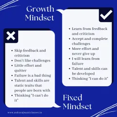 This infographic explains the difference between a fixed mindset ("I can't do it") and a growth mindset ("I can do it"). I work with my students to develop a growth mindset, which is key to success.