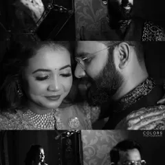 A black and white collage of moody and intimate portraits from the couple's reception.