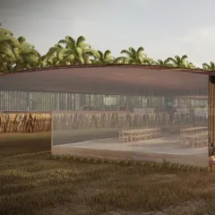 The Elephant Pavilion is shaped by its site. The building's form is neither sunken nor elevated; it sits with the land, and the entry is a slow transition where the built mass blends into the rising terrain.