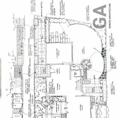 A detailed hand-drawn landscape plan for a villa. This is where we refine the design, specifying plant types, material finishes, and features like courtyards and water bodies to bring the vision to life.