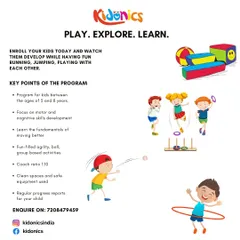Play. Explore. Learn. That's our motto! This graphic outlines the key points of our program, which focuses on motor and cognitive skill development for kids aged 3 to 8 through fun, agility-based activities.