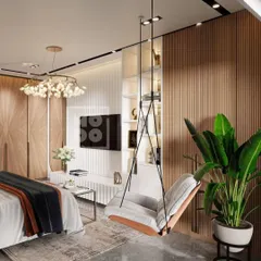 A closer view of the hanging swing chair, a unique feature that adds a touch of playful comfort to this modern bedroom. It's an invitation to unwind and escape.