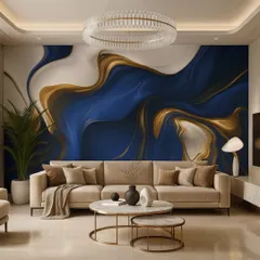 A beautiful abstract wallpaper with flowing waves of royal blue and gold. This design adds a touch of artistic drama and luxury to the space.