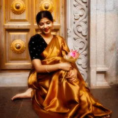 Seated by a traditional golden door, the lustrous fabric of this gold satin saree catches the light beautifully. Paired with a simple black velvet blouse, the look is one of pure elegance.