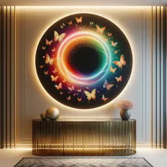 We help you create immersive art experiences in your home. This backlit circular installation, featuring a swirl of butterflies, transforms a foyer into a captivating entrance, demonstrating our custom art advisory and installation services for unique spaces.