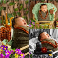 A collage showcasing the beauty of a Mahadev-themed newborn shoot. From the Trishul to the Shivling, every element is thoughtfully included to create a series of divine and memorable portraits.