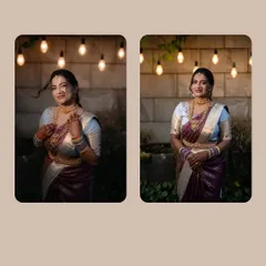 A diptych of the bride under warm, ambient lights. These portraits have a soft, romantic feel, highlighting her joy and anticipation on her engagement day.