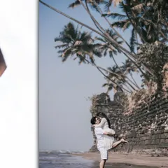 A joyful lift in the waves at a beach in Alibaug, with coconut trees and an old fort wall creating a perfect coastal backdrop.