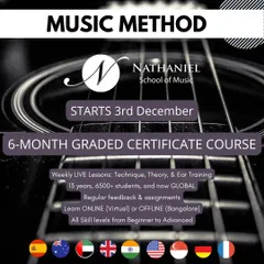 Our 6-month 'Music Method' semester is a comprehensive, graded certificate course designed for all skill levels. We offer weekly live lessons covering technique, theory, and ear training, with options to learn online from anywhere in the world or in-person at our Bangalore locations.