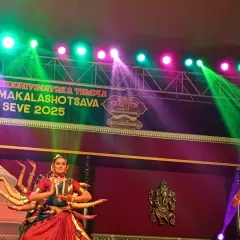 A powerful depiction of the goddess during our performance at the Madhur Madaneshwara Brahmakalashotsava. We specialize in choreographing and performing pieces based on mythological themes and deities.