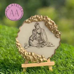 A serene Waheguruji frame in white and gold geode resin, designed as a thoughtful gift for a friend moving abroad to keep blessings close.