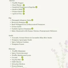 The appetizers section of our Festive Menu 2024. This details our offerings for Cheese, Dips, Sushi, and Dimsum, including many vegetarian and Jain-friendly options.