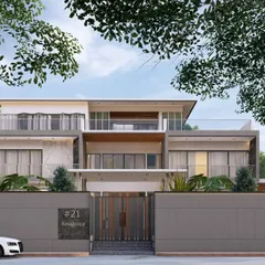 This is a preview of 'Zen Oasis', a contemporary residence where the landscape and architecture are one. The design uses clean lines and large glass openings to blur the boundary between the lush exterior and the serene interior living spaces.