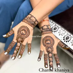 A lovely mandala design that incorporates a cute elephant in the center. The fingers are decorated with lotus motifs, blending several beautiful traditional elements.