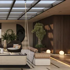 This terrace in our Ludhiana project is designed for ultimate relaxation. It features generous seating, a hanging swing, and rich wood accents, all under a glass pergola that allows for year-round enjoyment of the outdoors.