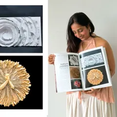 A collage showing me with the magazine feature. My work is all about sculpting emotions with upcycled materials, and I'm thrilled to share that story.