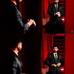 A collage of the groom getting ready for his reception, adjusting his watch and suit in a dramatic red-lit room.