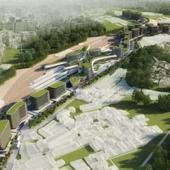 This masterplan view illustrates the integration of the Baiyappanahalli station with the surrounding urban fabric. The design uses green roofs and fluid forms to connect disparate elements into a cohesive, sustainable development across the 132-acre site.