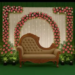 An elegant and dreamy stage design featuring a large arch of pink gerberas against a white curtain with fairy lights. The royal chaise lounge completes this beautiful setup for a reception or engagement.