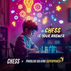 This vibrant graphic illustrates how chess acts as a problem solving superpower, lighting up the mind with new connections and ideas.