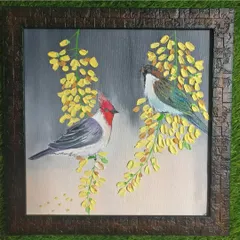 A textured painting of two birds perched on flowering branches. I love capturing these small, beautiful moments from the natural world.