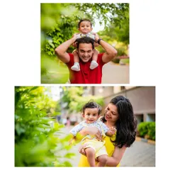 A sweet collage of a young family, with the father carrying the baby on his shoulders and the mother holding him close.