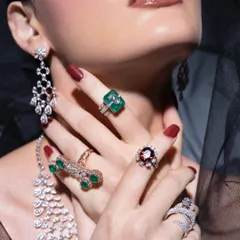 This close-up showcases a curated hand of stacked rings featuring emeralds and rubies, paired with dramatic diamond earrings. The styling tells a story of luxury and boldness.