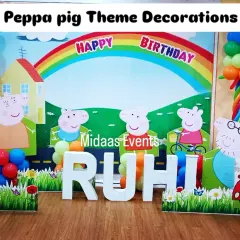 Oink oink! A cheerful Peppa Pig theme for a little one's birthday. I created a full scene with a custom backdrop featuring Peppa's house and a rainbow, character cutouts, and large 3D letters spelling out the birthday girl's name.