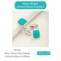 These limited edition cufflinks feature a vibrant green camouflage pattern set in 92.5 silver. They are a unique and stylish accessory to add a pop of color to a formal shirt.