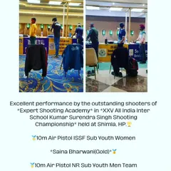 Excellent performance at the XXV All India Inter School Kumar Surendra Singh Shooting Championship in Shimla. Saina Bharwani won an individual Gold in the 10m Air Pistol ISSF Sub Youth Women event.