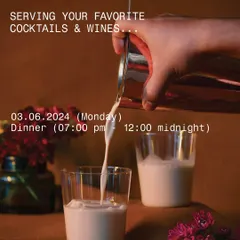 A hand pouring a creamy cocktail, with text announcing our operating hours during a holiday period. This graphic is an example of our clear and stylish communication with our guests.