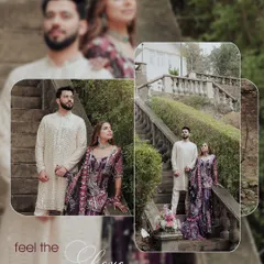 A collage of the couple during their Haldi event, posing on the grand stairs of Woodville Palace. It shows the blend of traditional functions with a regal venue.