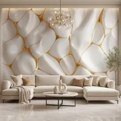 A stunning 3D wallpaper with a flowing, liquid-like design in white and gold. The abstract pattern creates a sense of movement and modern elegance.