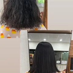 This before and after shows a keratin treatment on short, curly hair. The result is a sleek, straight bob that is easy to style and maintain.