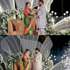 A dramatic stage reveal for an engagement, combining a modern, illuminated backdrop with perfectly timed cold pyro sparklers for a memorable climax.