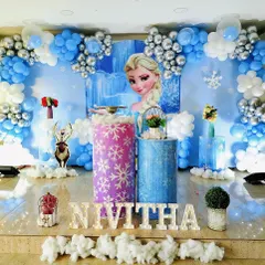 Let it go! I bring the enchanting world of Frozen to life with this icy blue and silver decoration. The setup includes a shimmering backdrop, character cutouts of Elsa, and snowflake details to create a winter wonderland.