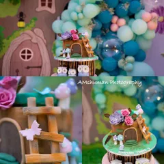 Details make the dream work. This collage shows close-ups of the artisanal woodland cake, featuring a tiny ladder, delicate flowers, and fondant owls, all set against the custom treehouse backdrop and balloon garland.
