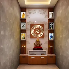 A beautiful pooja room design featuring a central backlit 'Om' motif. The unit includes a pedestal for the main deity, storage cabinets, and vertical shelves for displaying smaller idols and photos.