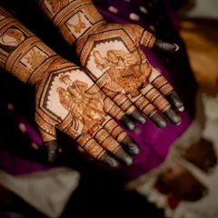 A professionally captured shot of a classic portrait design. The groom's figure is on one palm and the bride's on the other, creating a beautiful story when the hands are brought together.