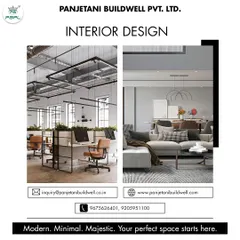 This image displays our capability in designing both sleek office interiors and elegant residential spaces. The modern office on the left features industrial elements and collaborative workstations, while the living area on the right shows a sophisticated, comfortable design.