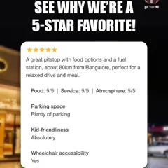 A traveler review commending us as a great pitstop with food, fuel, and plenty of parking. The review also notes our absolute kid-friendliness and wheelchair accessibility.