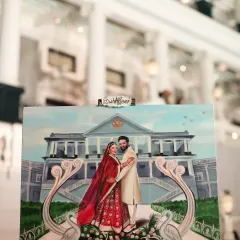 A royal wedding painting created live at the magnificent Falaknuma Palace in Hyderabad. The palace architecture provided a truly grand backdrop.
