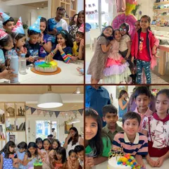 A birthday party at Alive Studio is full of smiles, creativity, and cake. This collage captures the fun moments from a recent celebration, from the art activity to the happy birthday song.
